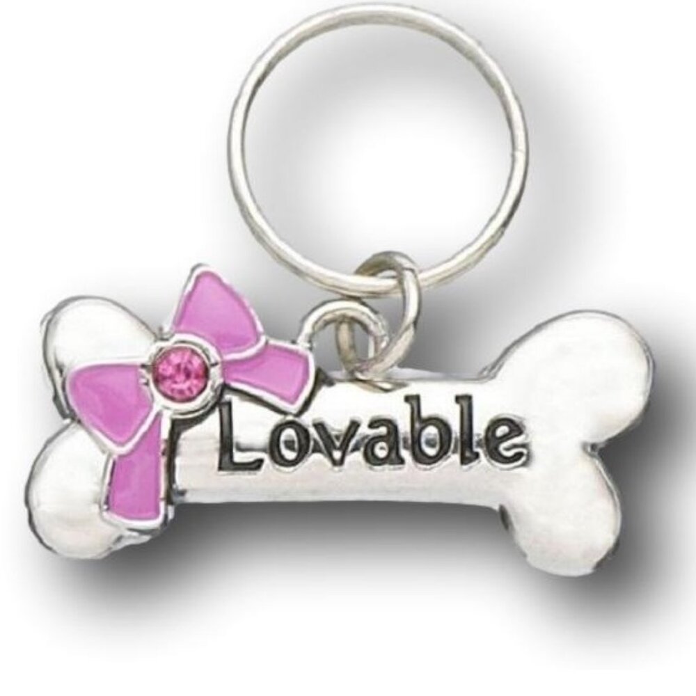 Pink Bow "Lovable" Bone Pet Charm / Tag